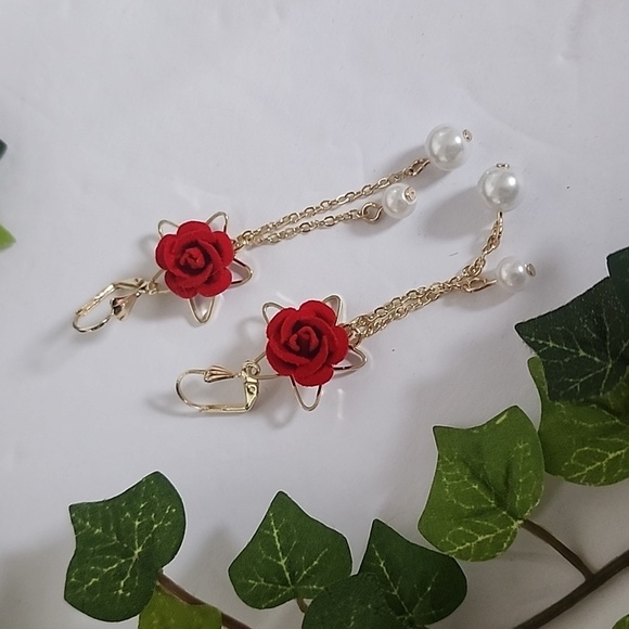 Gold with Velvet Red Rose Flower and Pearls Danglr Drop Earrings - Picture 1 of 9